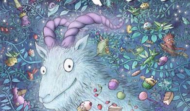 An illustration from The Pooka Party,  featuring the titular goat-like creature and a bowl of cupcakes.