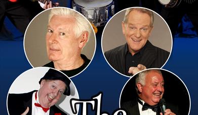 Poster with a band playing instruments and four comedians inside a circle