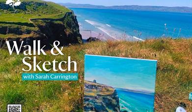 A canvas painting of Mussenden Temple, perched on the clifftop with Mussenden Temple in the foreground with bright blue skies and the sea. Text sits i