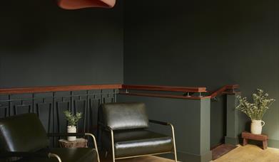 interior of Yarn: 2 lounge chairs and walls painted a dark green
