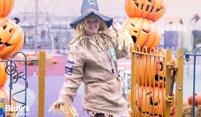 a person dressed as a scarecrow poses at Blair's Holiday Park, surrounded by pumpkin decorations