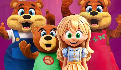 Graphic showing image of 3 characters in bear costumers and 1 in a goldilocks costume, smiling and waving.