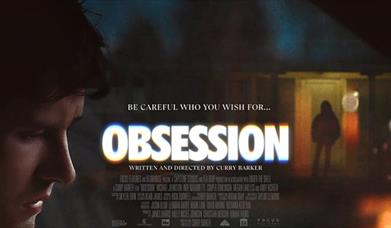 movie poster for Obsession with title and a side profile of a man looking downwards and a shadowy figure standing infront of a door in the background