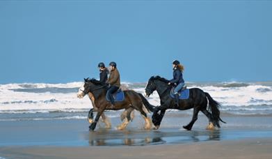 a group of people on horseback on the beach