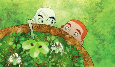 two cartoon children pointing at plants on a rock