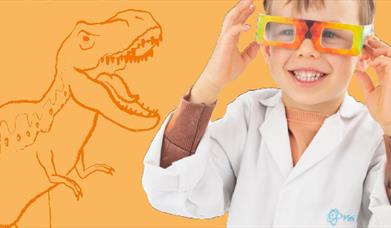 a young child in a lab coat and glasses - there is an illustration of a T-Rex in the background