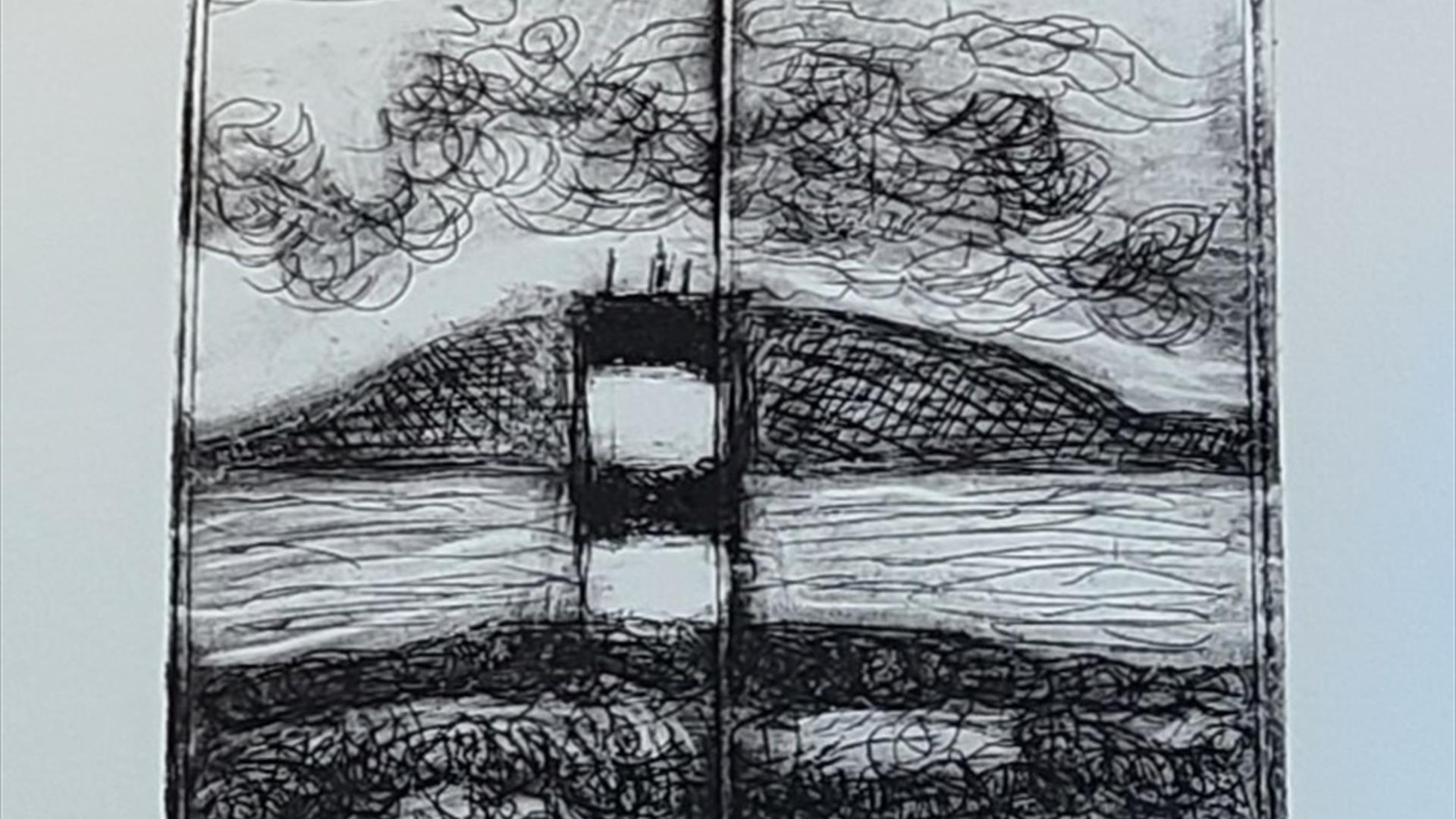 Black and white Printed image of a tower and a mountain.