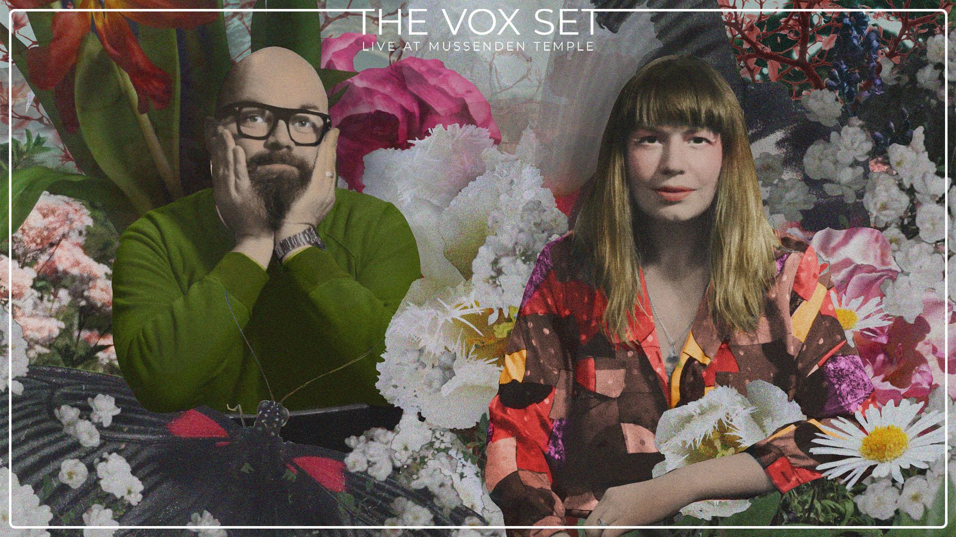 A poster for the Darkling Air's Vox Set concert at Mussenden Temple. A bespectacled man sits on the left, and a woman with a colourful patchwork shirt