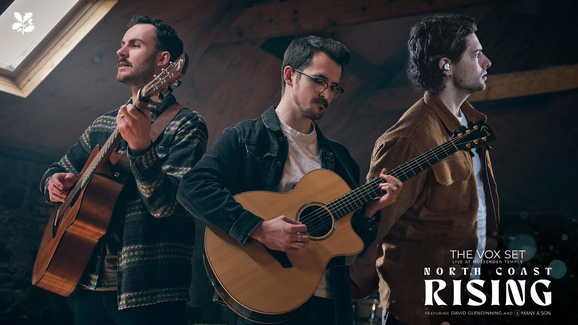 A photograph of David Glendinning and Many a Son, with two members playing guitar.