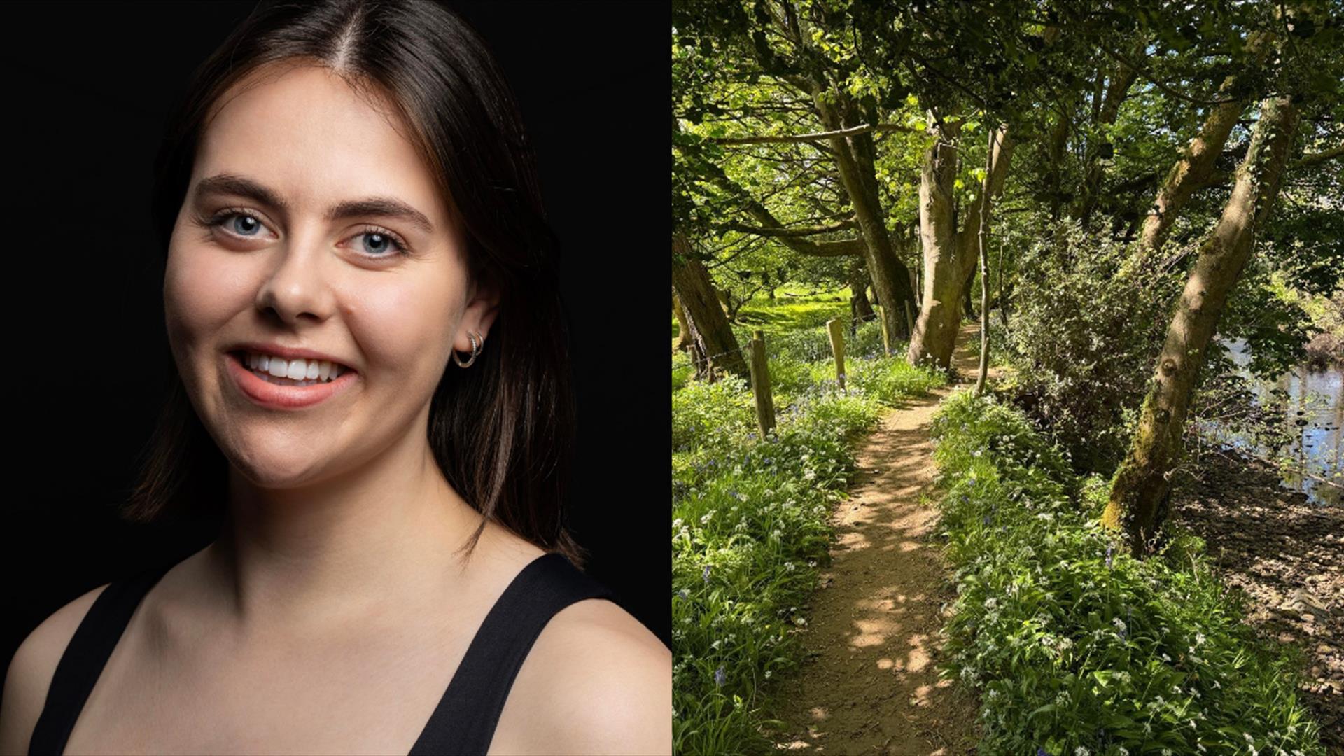 A woman smiling at the camera, and a picture of some woodland.