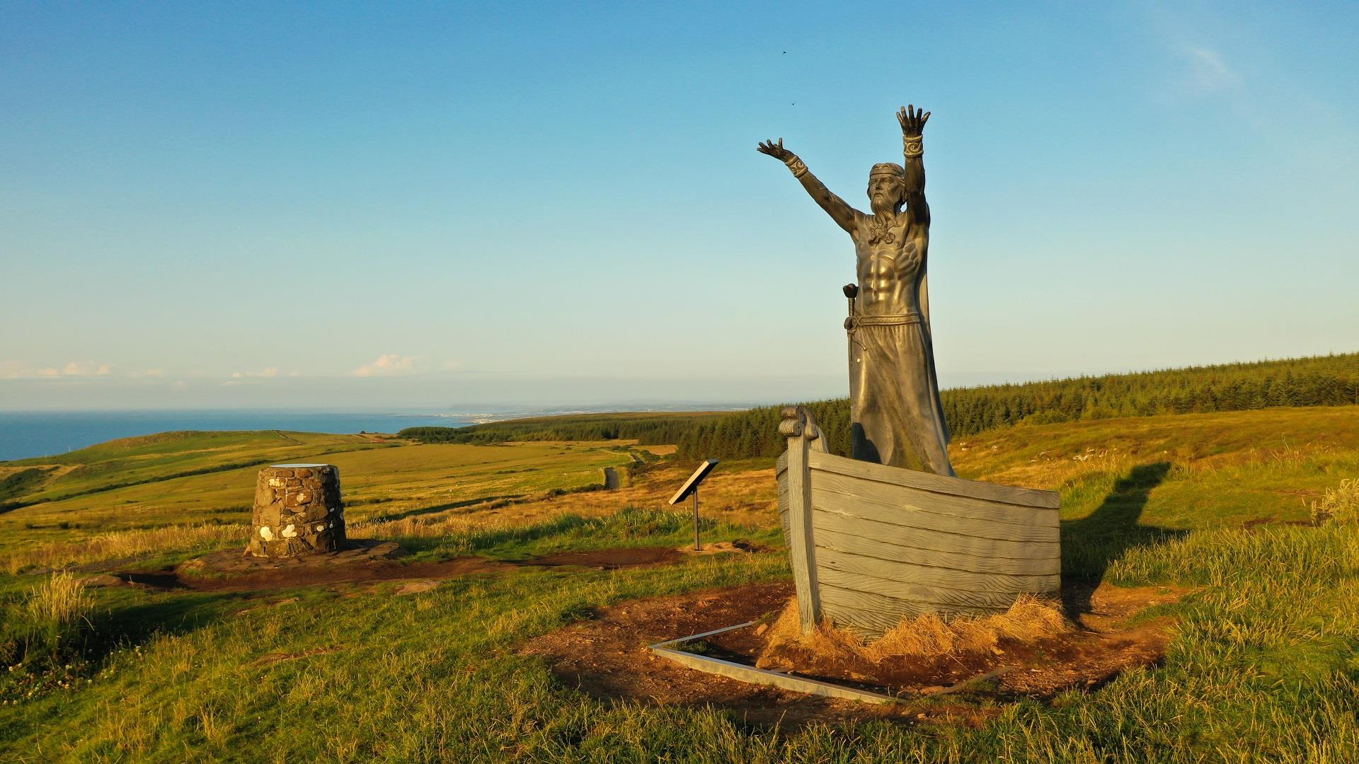 statue of Mannanan Mac Lir atop Binevenagh Mountain