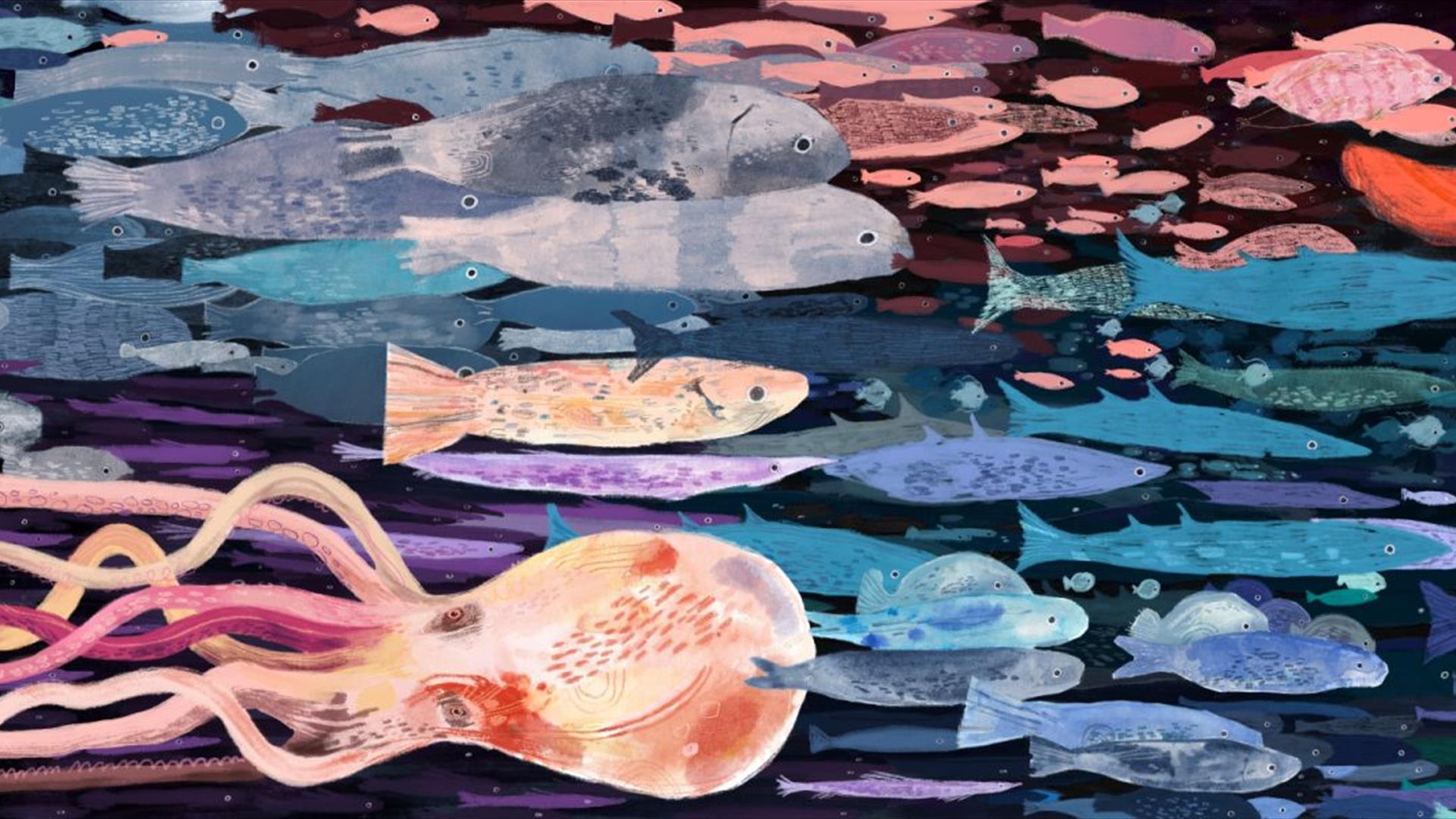 a painting of many colourful fish and a squid from the sea we share exhibition