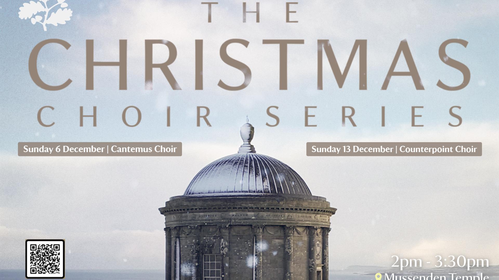 Promotional poster for Christmas Carol Concerts at Mussenden Temple. Mussenden Temple is pictured in the background with this text on top, and snow is