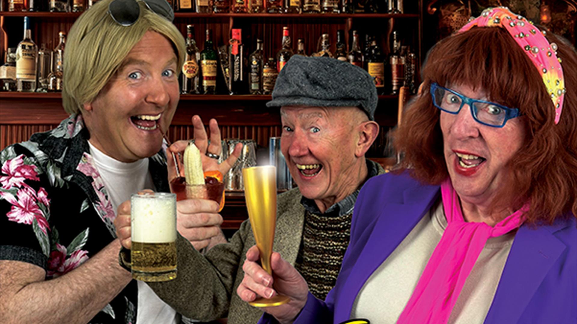 three characters from 'After Ours' play pose in front of a bar holding up glasses of drinks