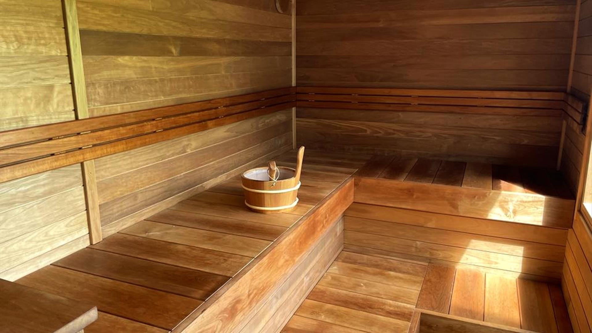 Interior of a wood-fired sauna