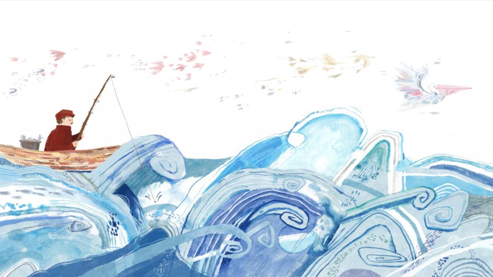 an illustration of a fisherman on a rowboat amidst the waves