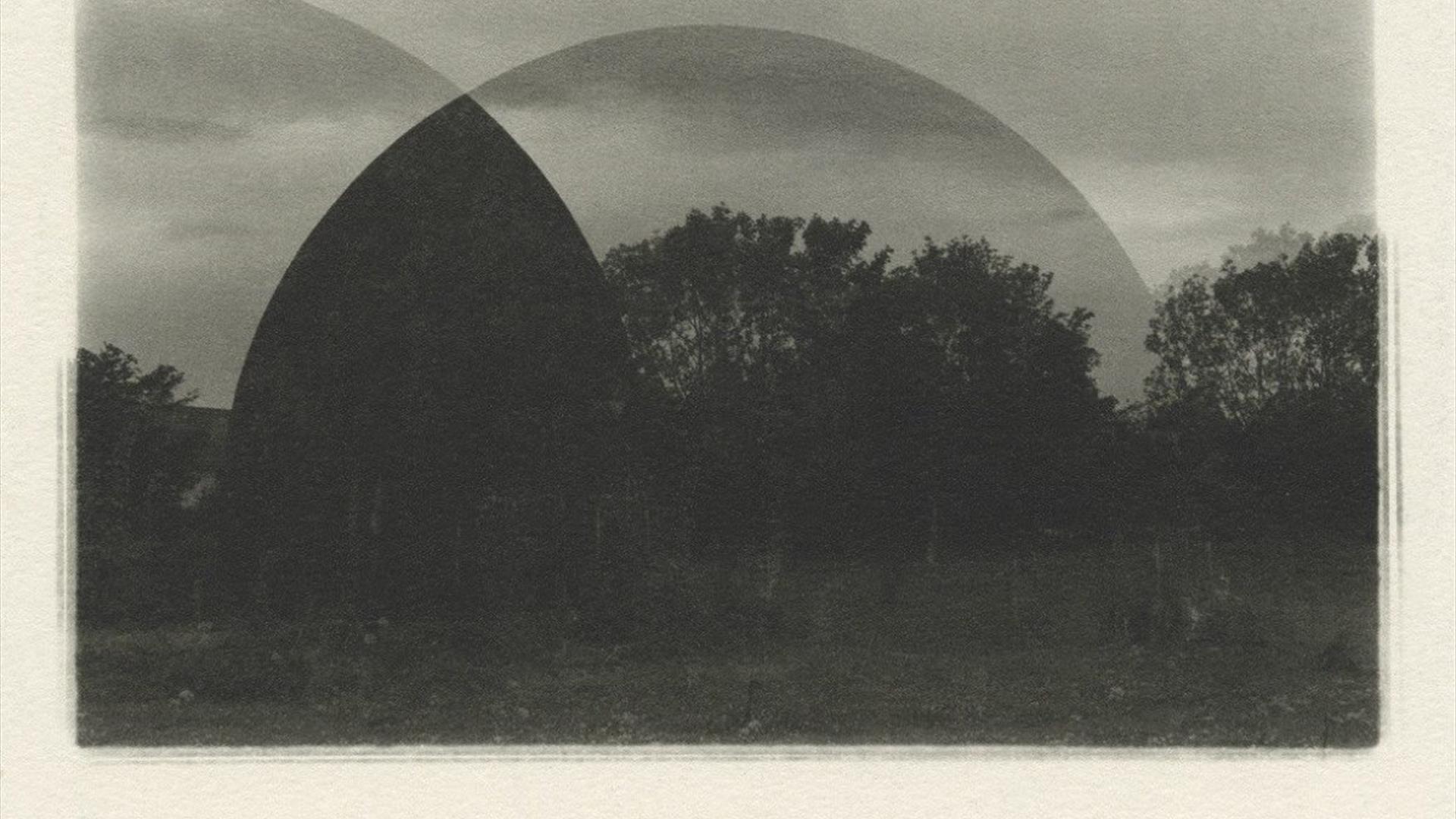 a black and white image of a field with trees, with two dome shaped overlays overlapping each other