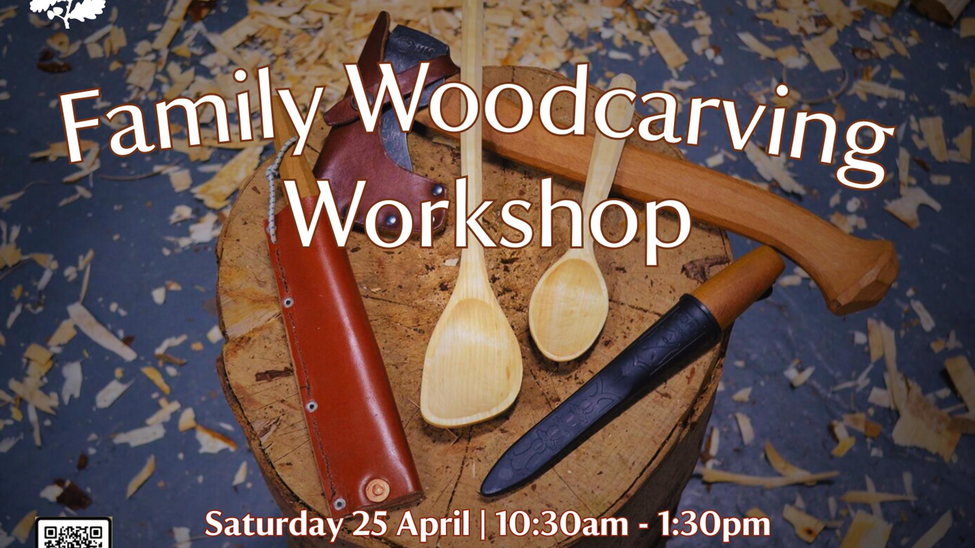 A promotional poster for a “Family Woodcarving Workshop” at Hezlett House, National Trust. The background shows a round wooden stump covered in wood s