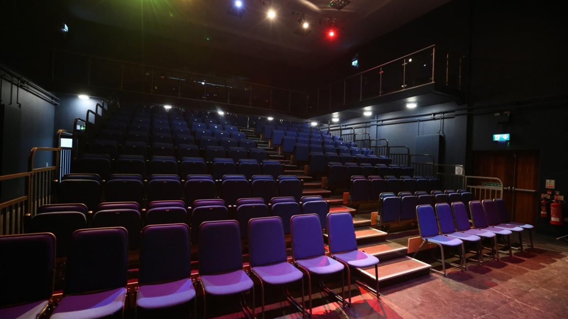 Flowerfield auditorium with tiered individual blue seats