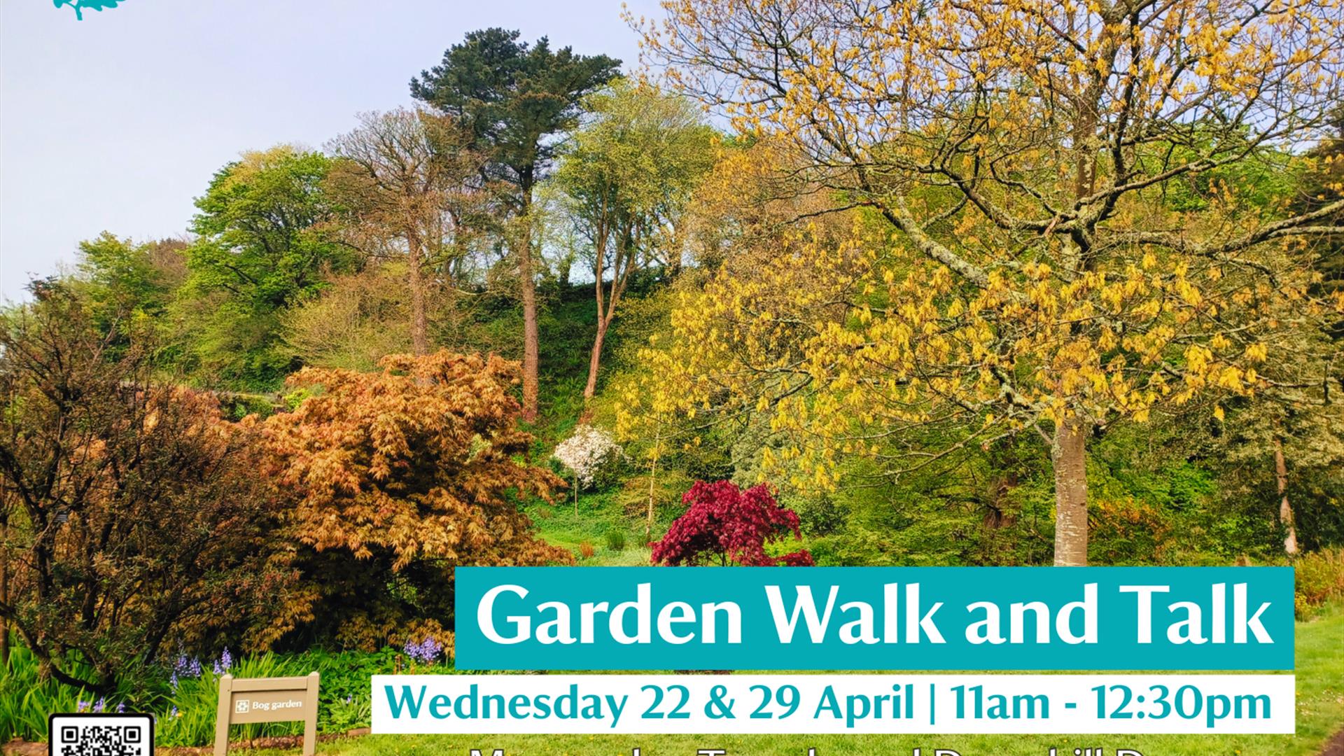 A promotional poster for a “Garden Walk and Talk” event at Mussenden Temple and Downhill Demesne. The background shows the vibrant spring Bog Garden w