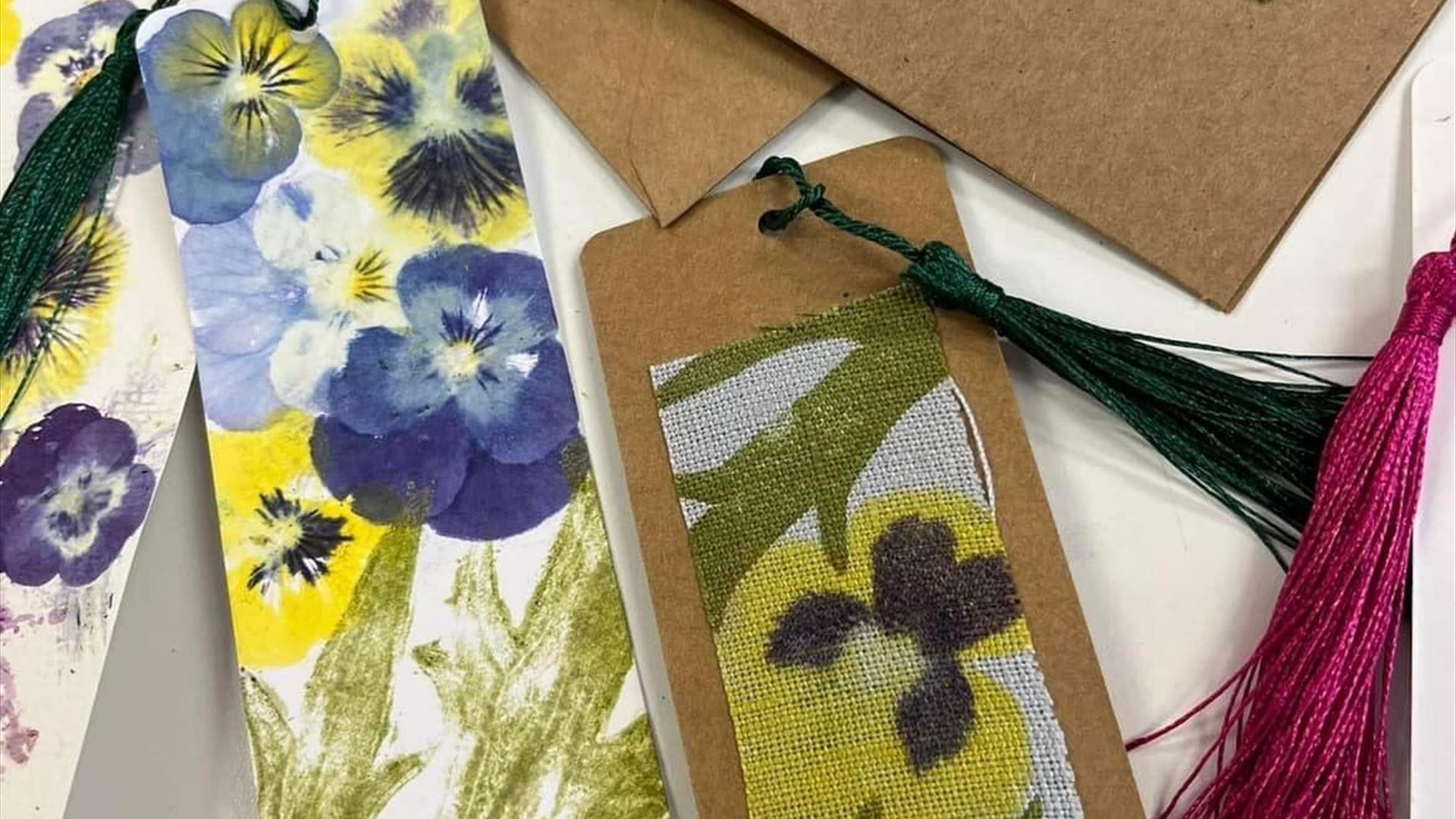 Hapazome bookmarks featuring flowers and leaves