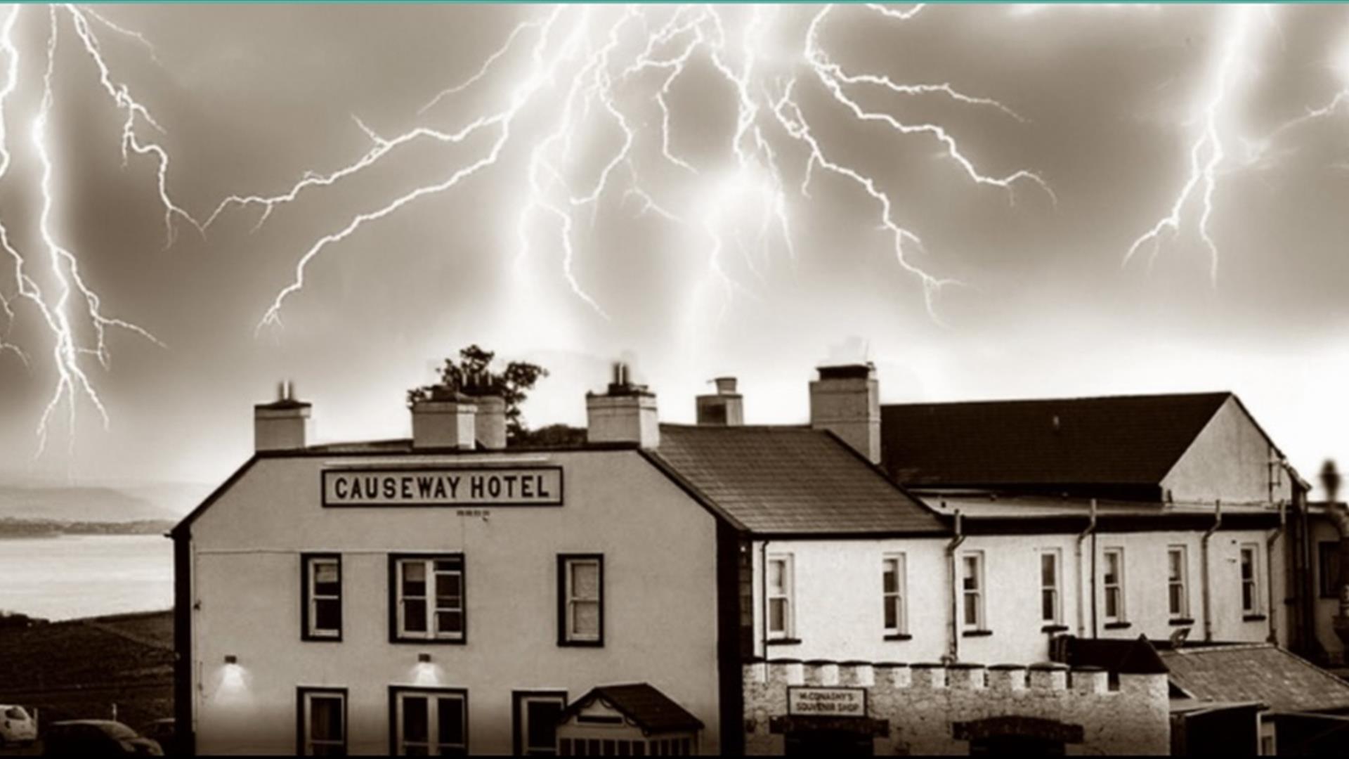 edited image of the Causeway Hotel with lightning forks in the sky above