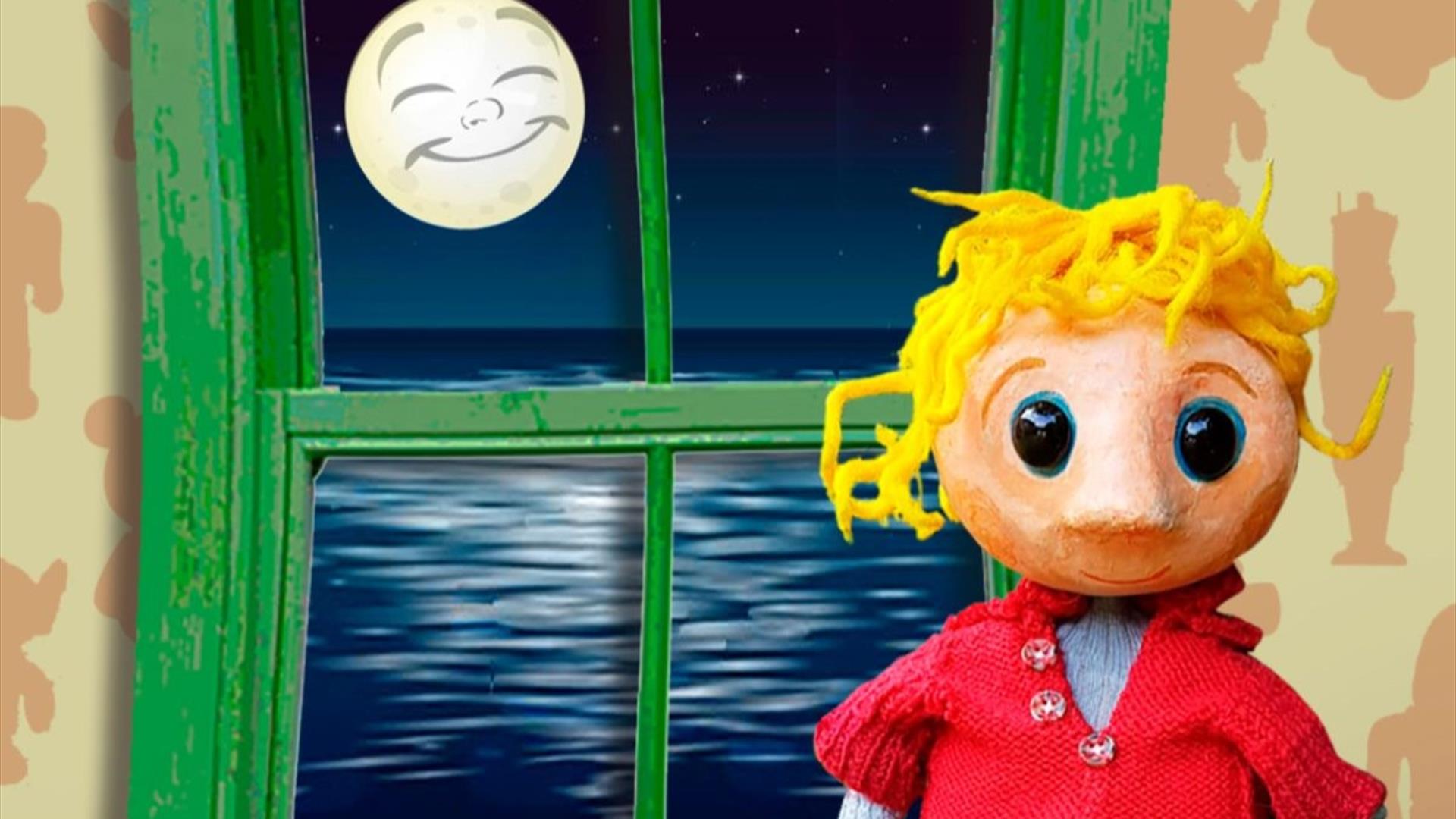 a puppet of a young blonde boy stands before a window with a smiling moon outside