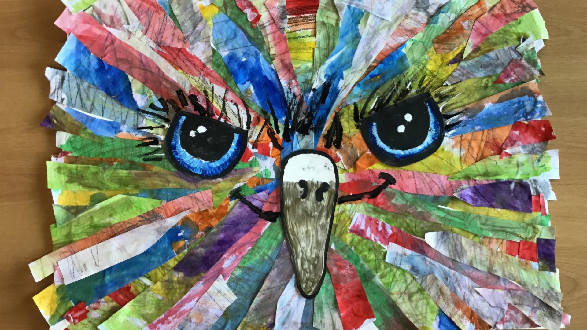 close up of a large collage bird piece. close up of a large collage bird piece.