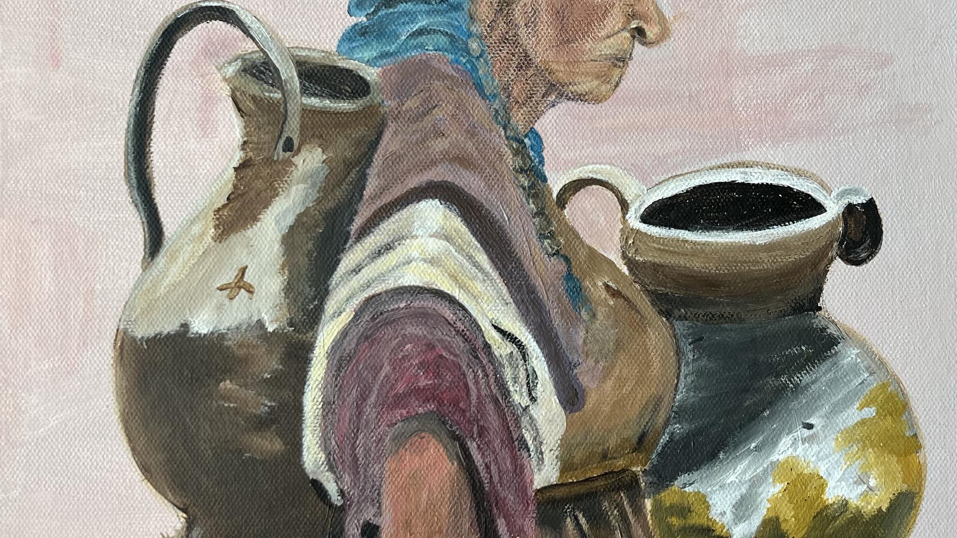Painting of an old woman carrying large ceramic jars.