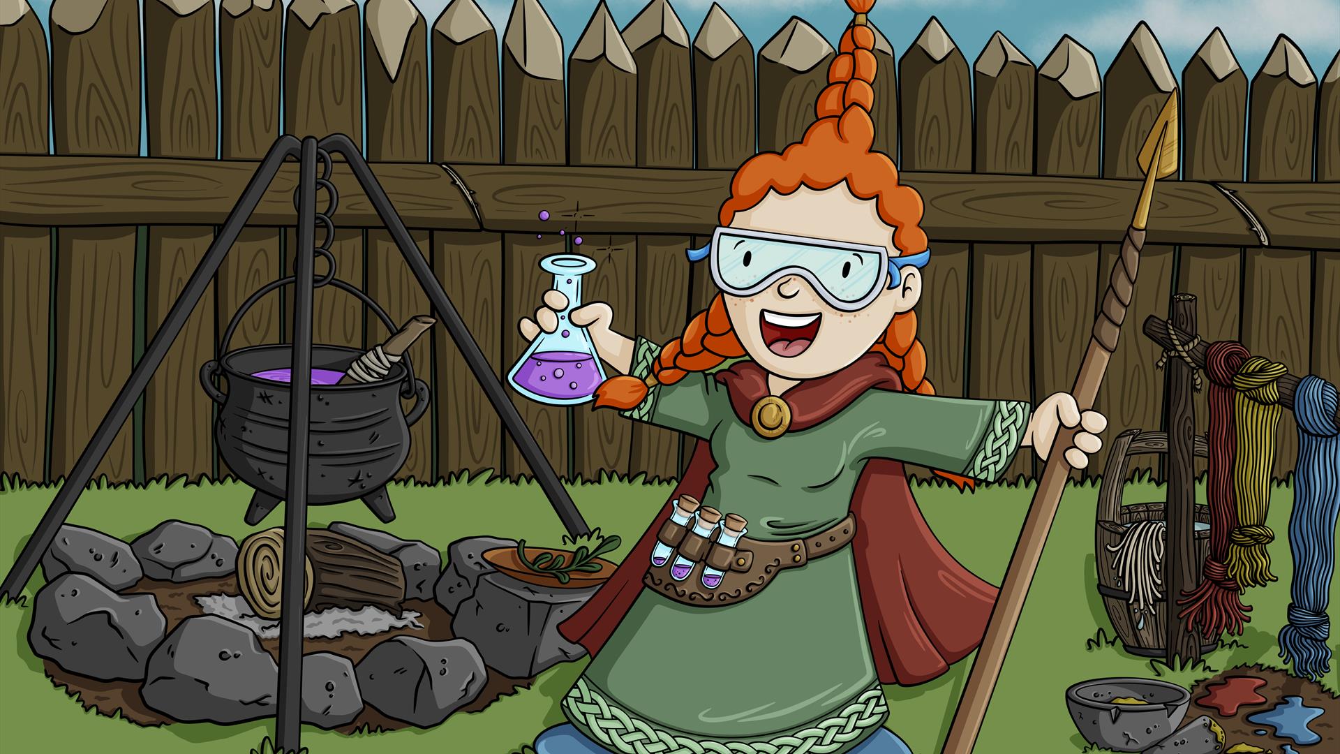 cartoon image of a red haired character dressed in a long robe holding scientific equipment.