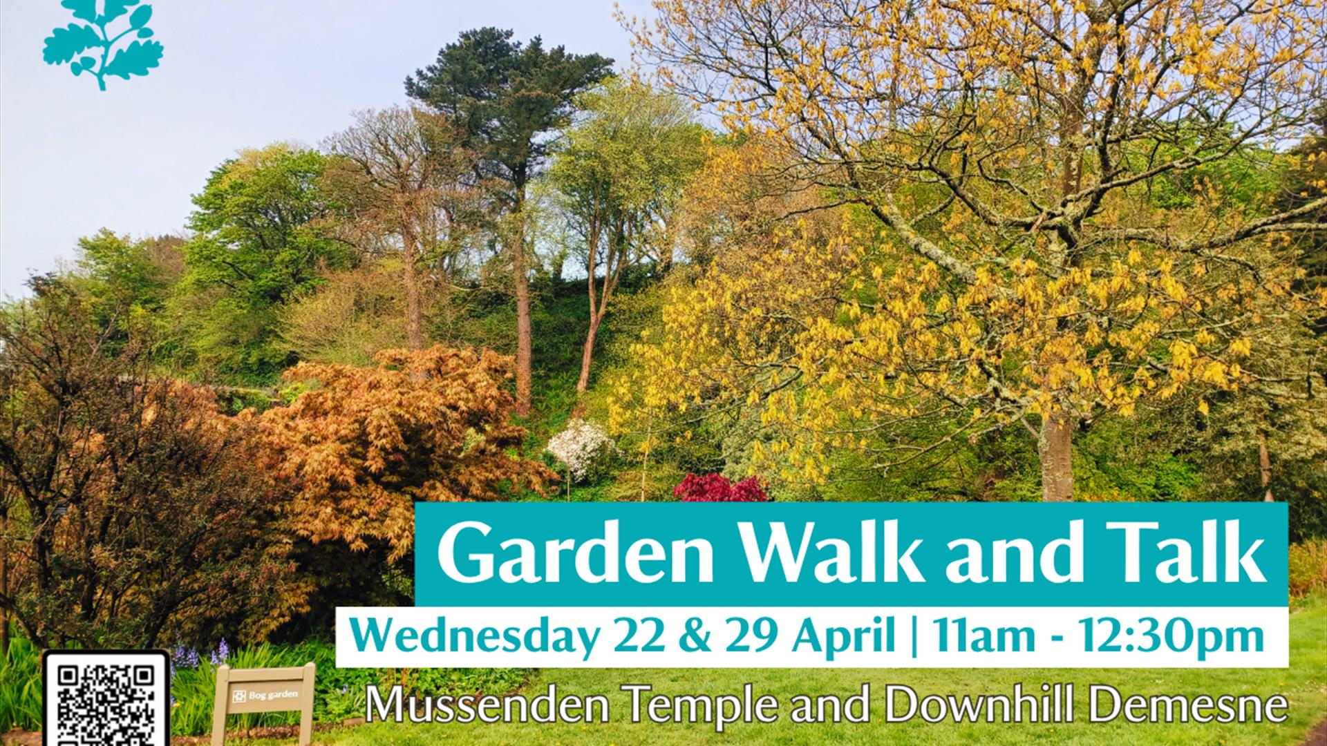 A vibrant promotional poster featuring the Bog Garden at Mussenden Temple and Downhill Demesne. The foreground shows a grassy lawn with trees in full
