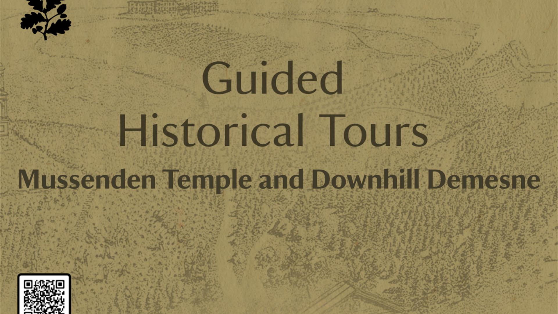 A promotional poster with a sepia-toned background featuring a faint historic-style landscape sketch of Downhill Demesne. Centered large text reads “G