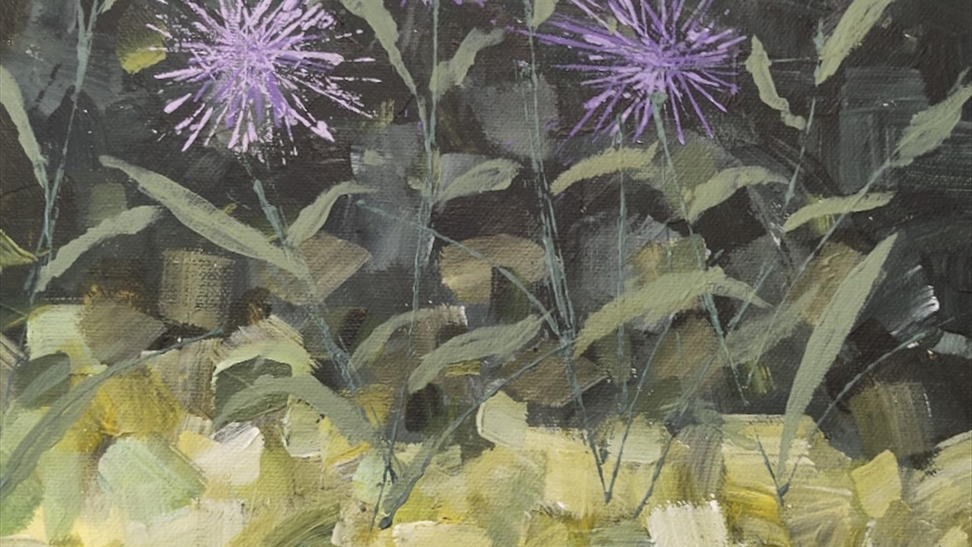 A painting of purple flowers.