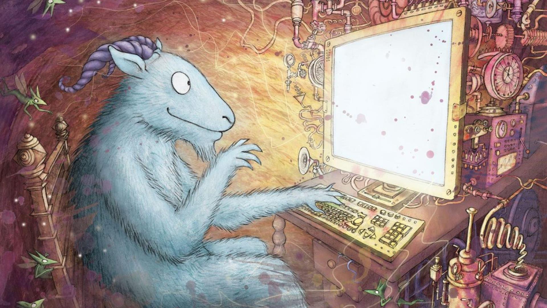 Illustration of a cartoon Pooka at a computer screen