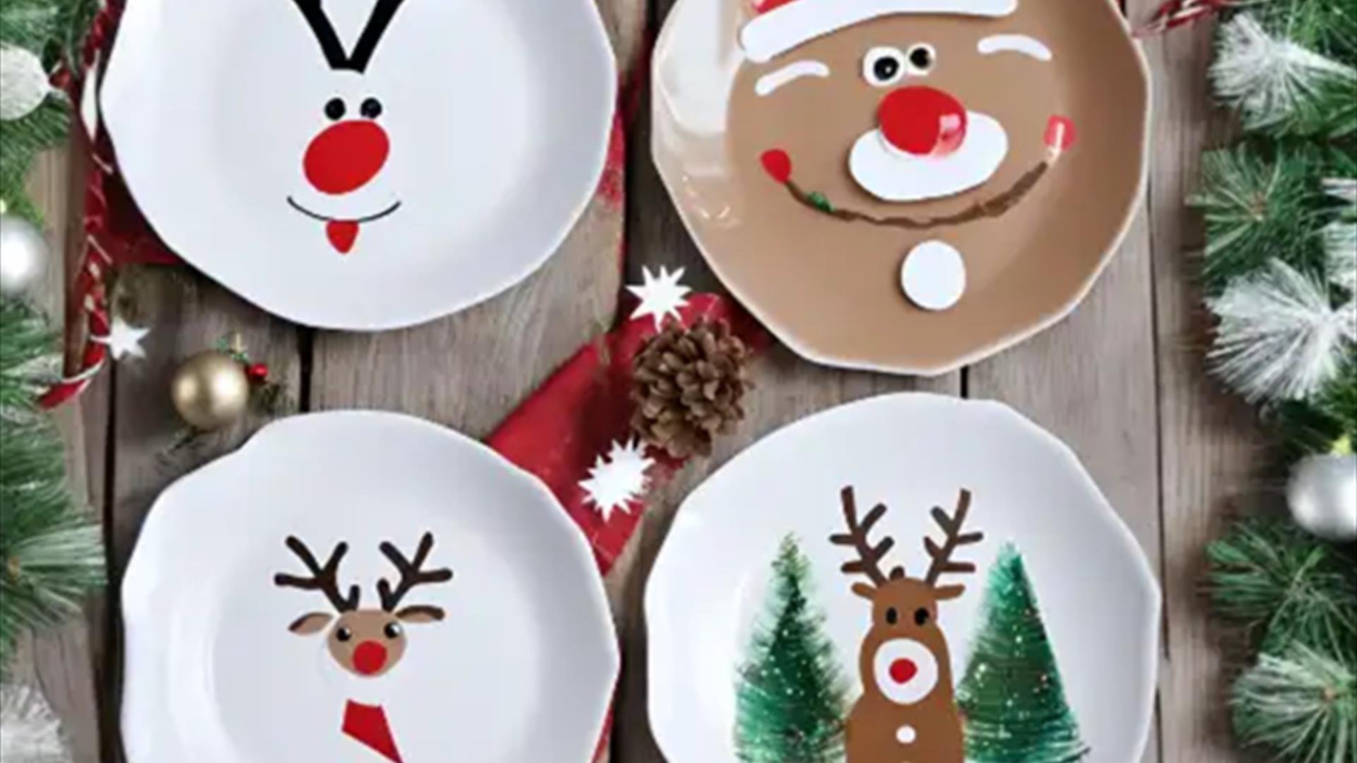 image for 4 festive decorated plates, with Christmas characters.