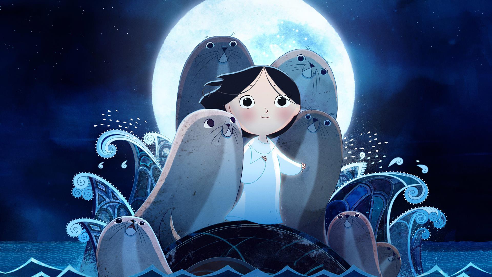 Illustration of  a  young child dressed in white with 4 seals around her, standing in front of a background with waves and spirits
