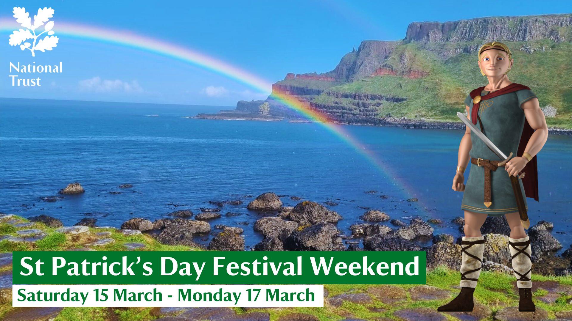 Finn McCool standing on the Grand Causeway, with a clear blue sky and double rainbow in the background and the Causeway Cliffs. Advertising a St Patri