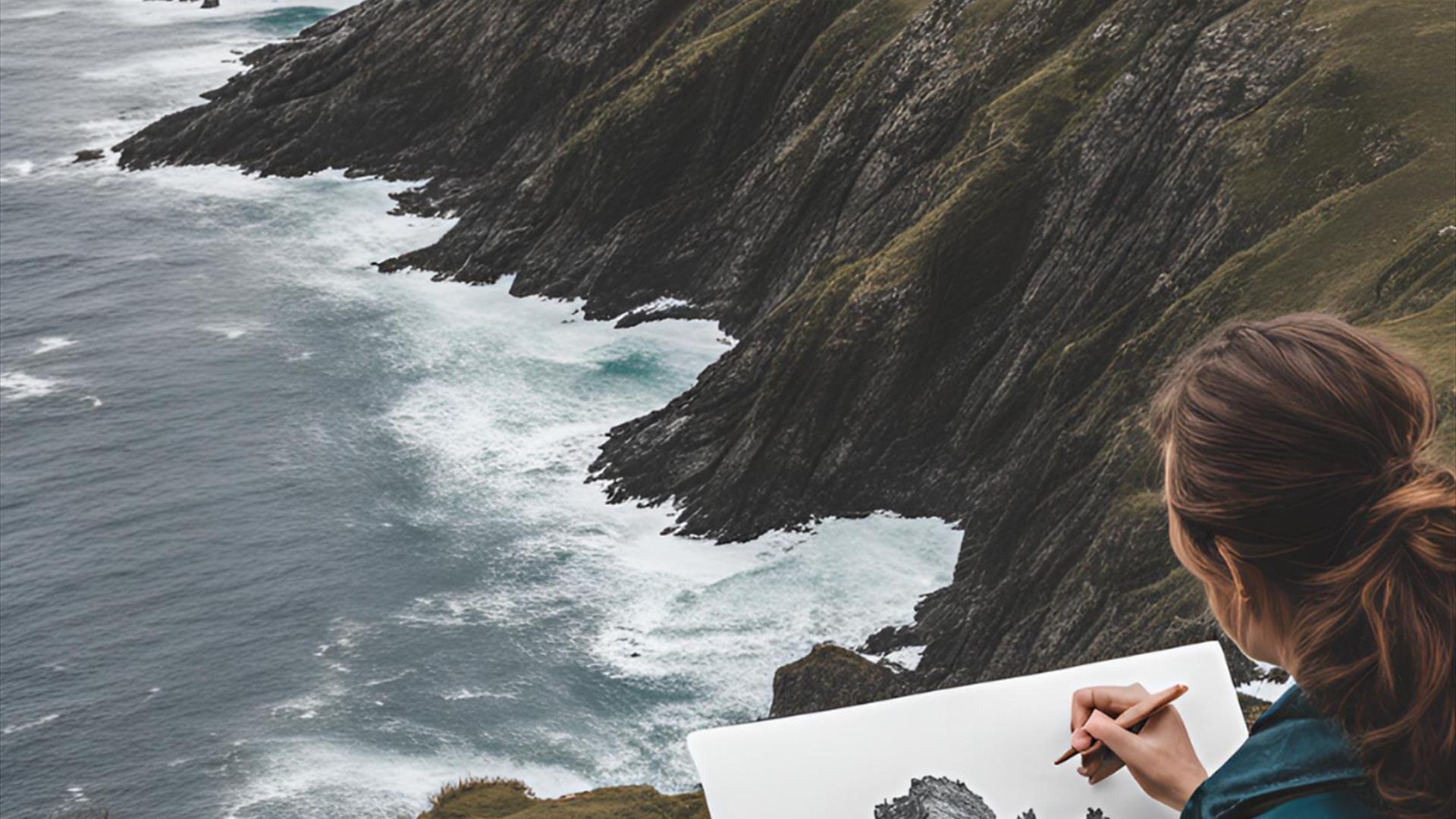 woman sitting on a cliffside sketching the landscape before her