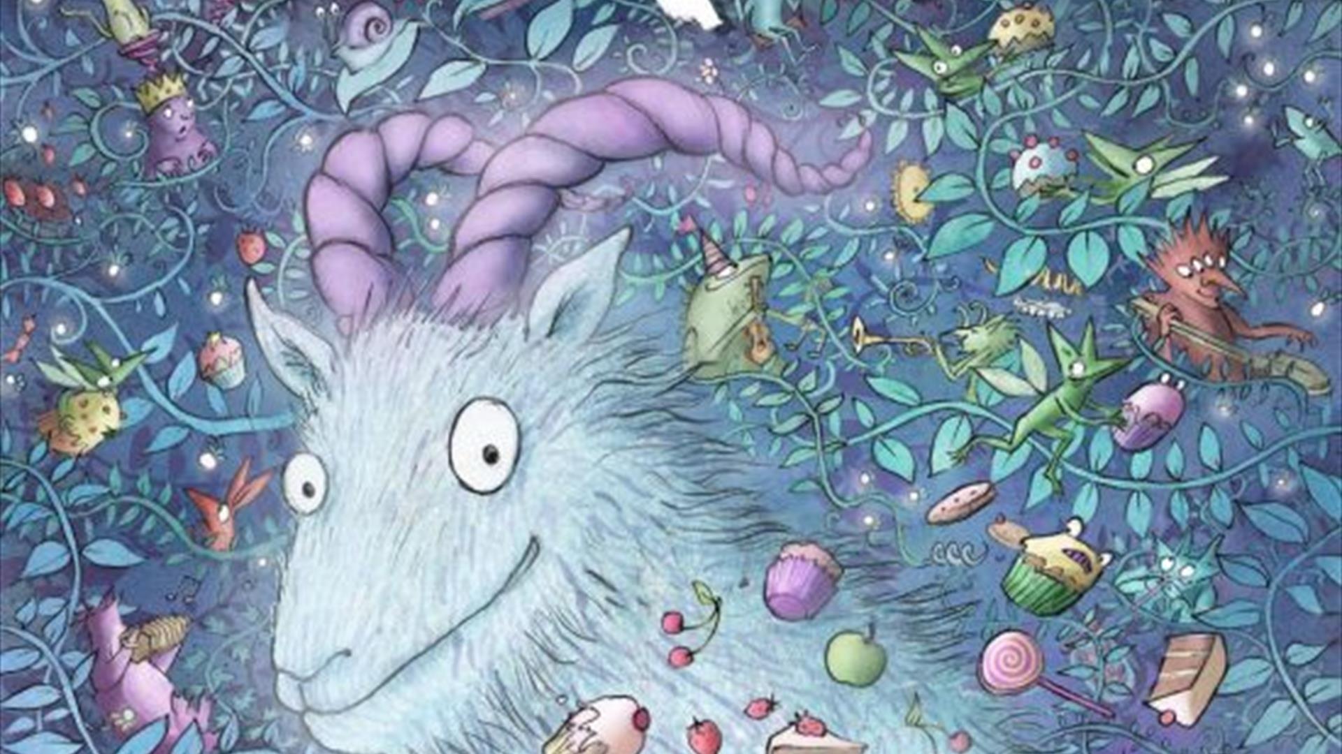 An illustration from The Pooka Party,  featuring the titular goat-like creature and a bowl of cupcakes.