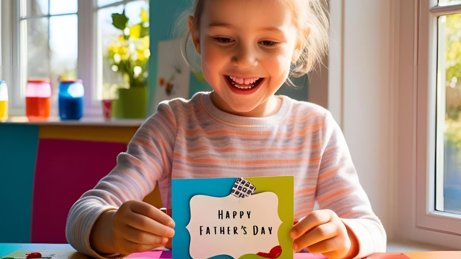 A young girl beams at her handmade father's day card.