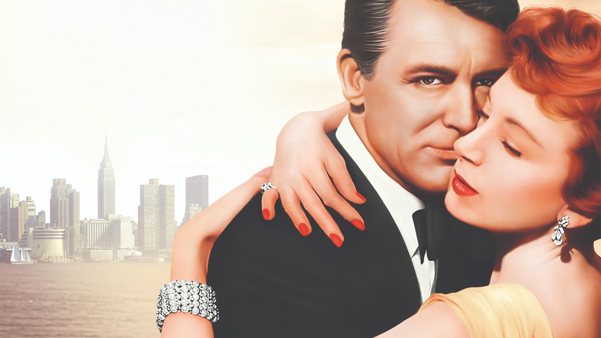 section from movie poster from 'An Affair to Remember' which features a man and woman embracing with the New York City skyline in the distance