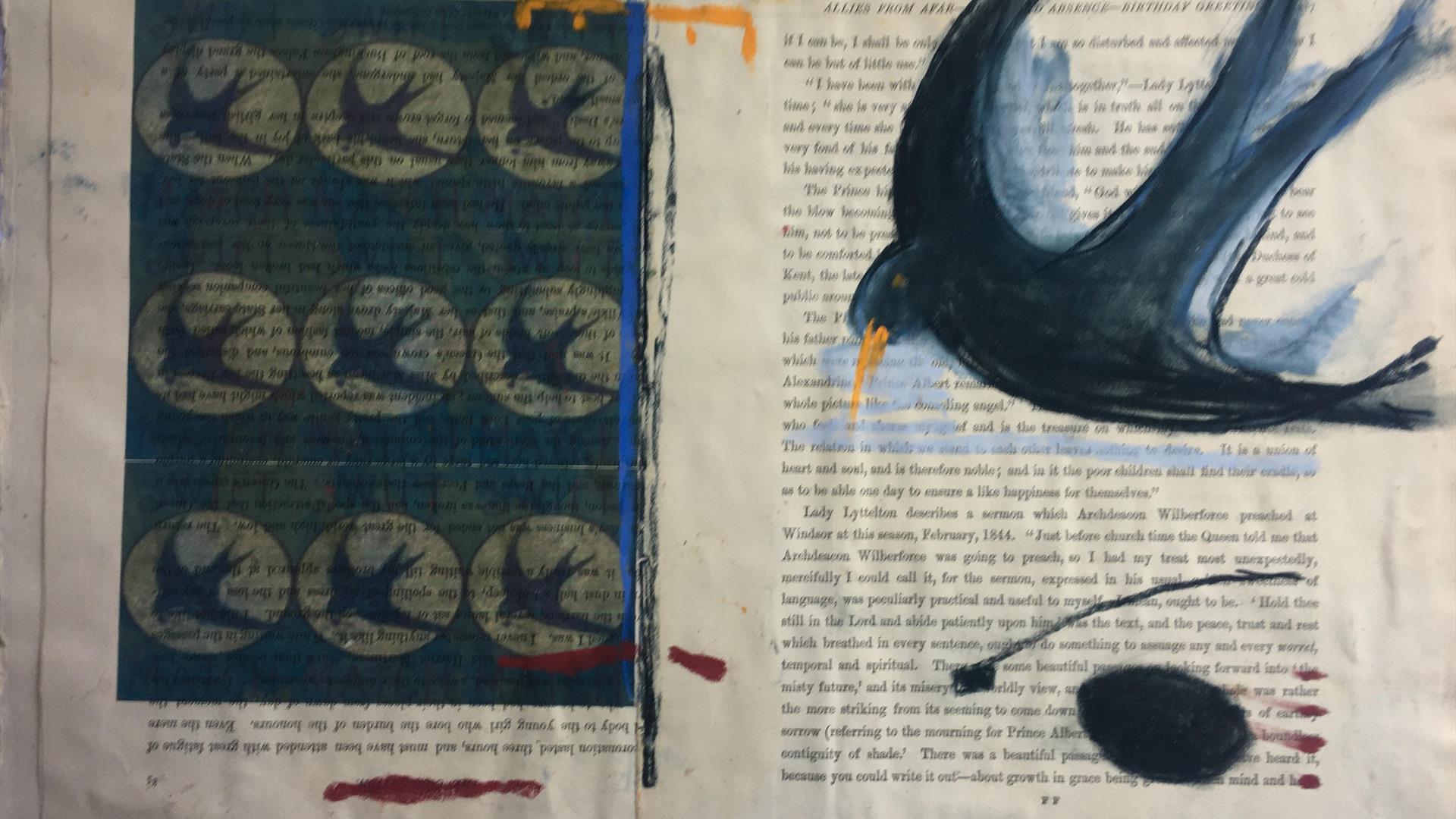 Image of a painted bird, a swallow on the pages of a book.