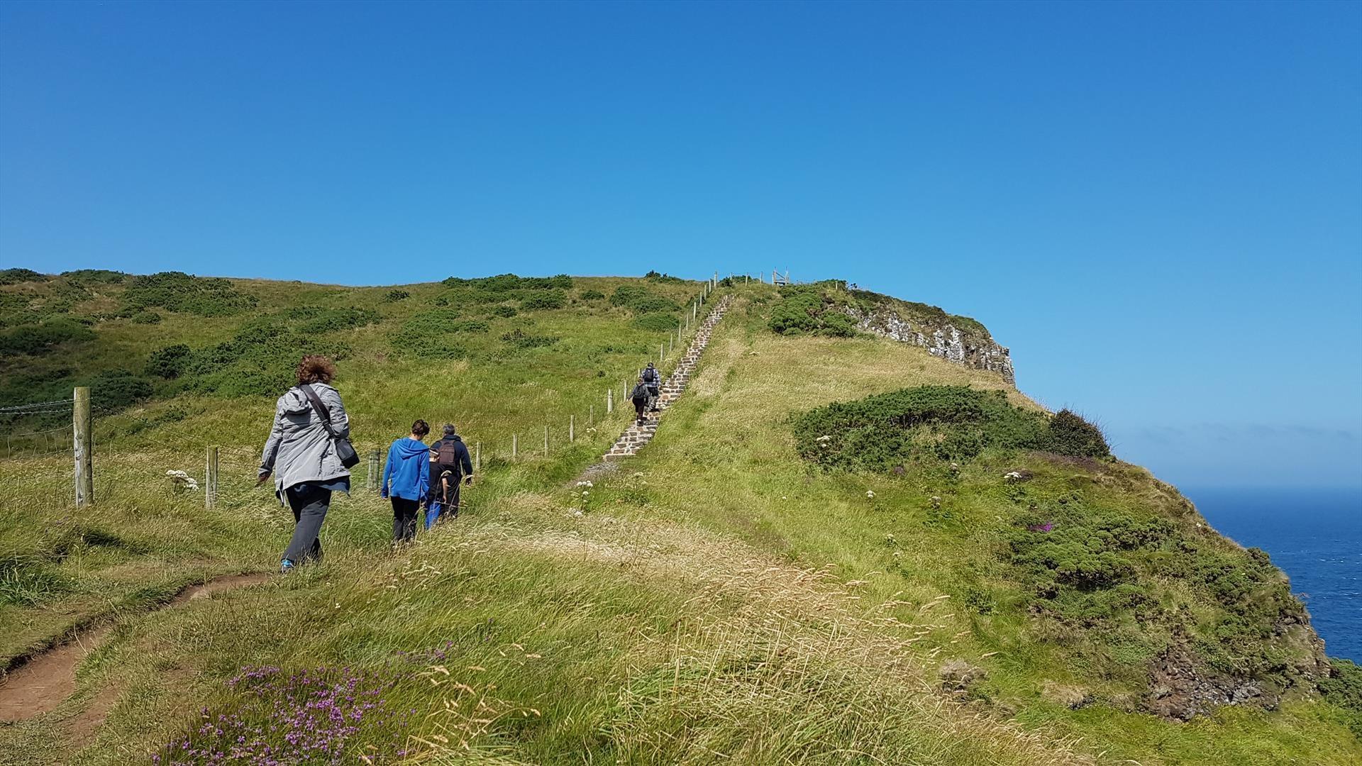a group of hikers walking across a field, with the ocean visible in the distance