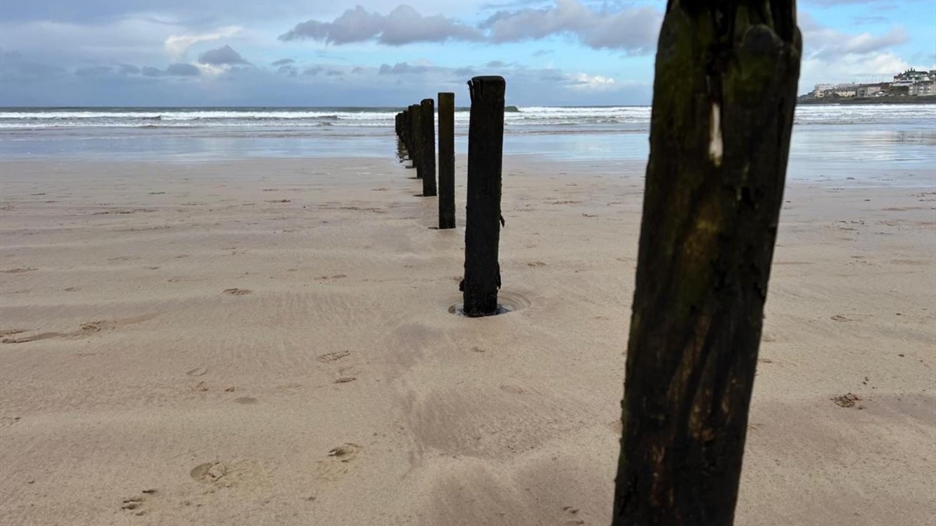 a picture of a beach with wooden posts buried in the sand, forming a line that leads to the horizon