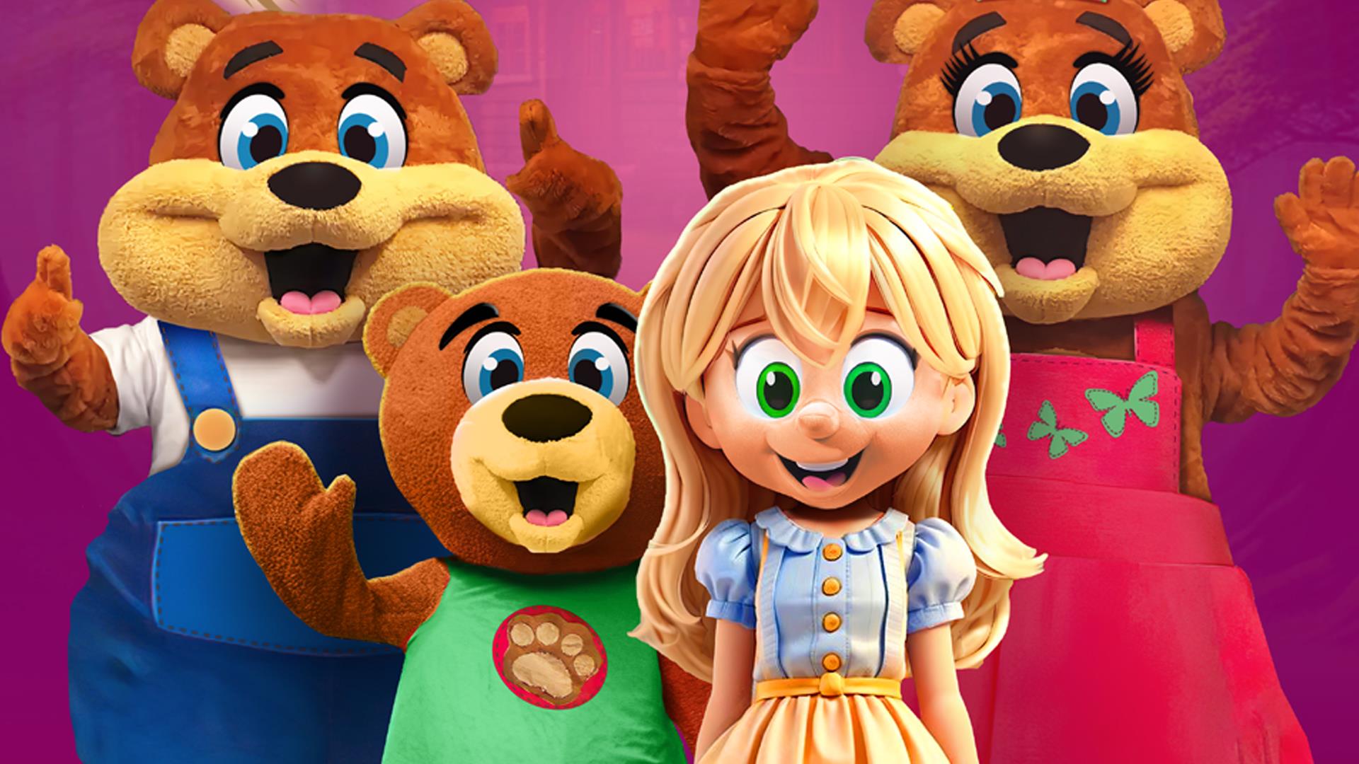 Graphic showing image of 3 characters in bear costumers and 1 in a goldilocks costume, smiling and waving.