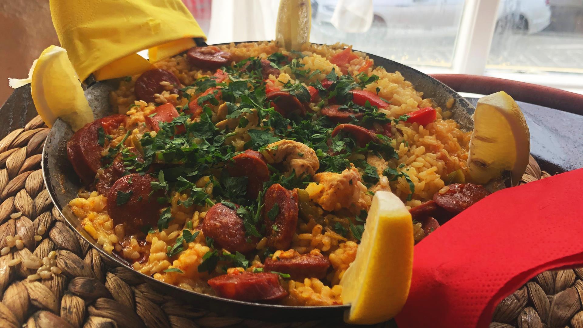 a freshly cooked dish of traditonal Spanish paella