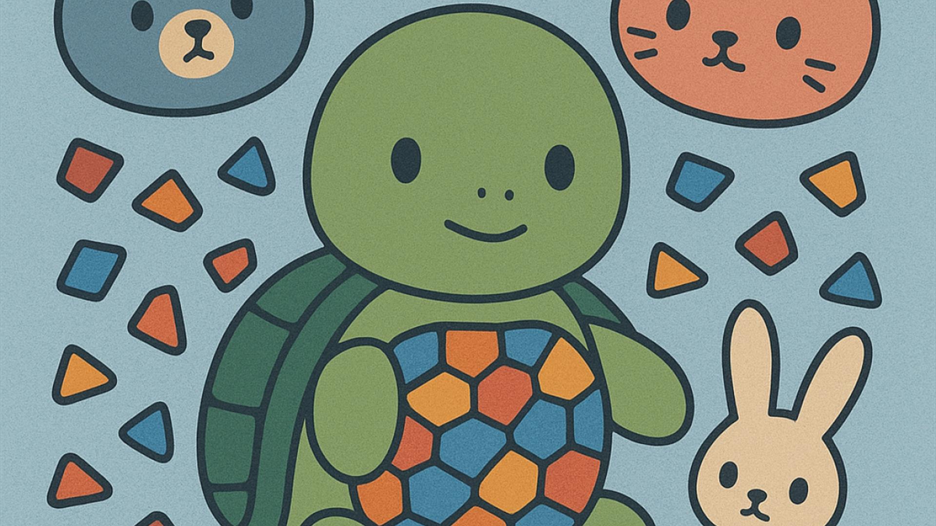 small cartoon animals with a large turtle taking centre stage