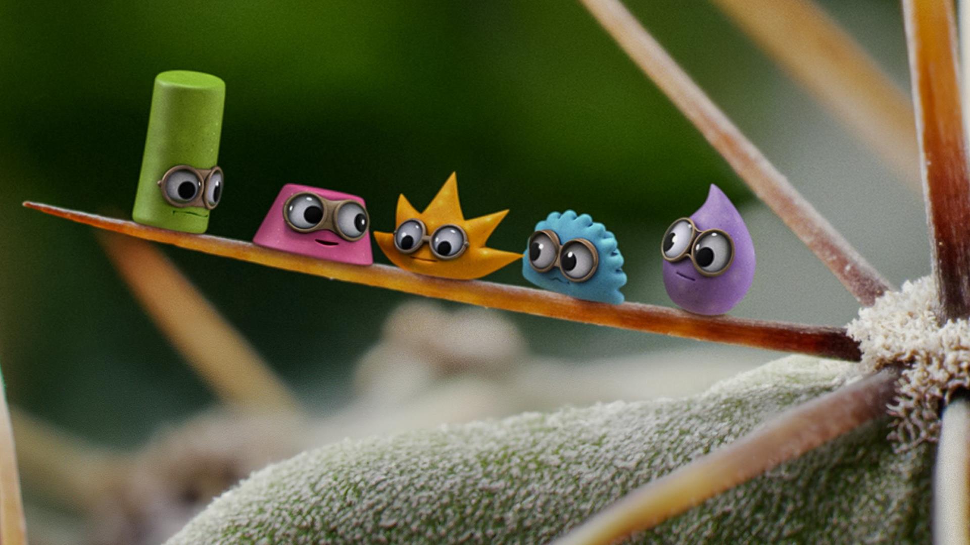 small animated characters wearing glasses sit on a plant