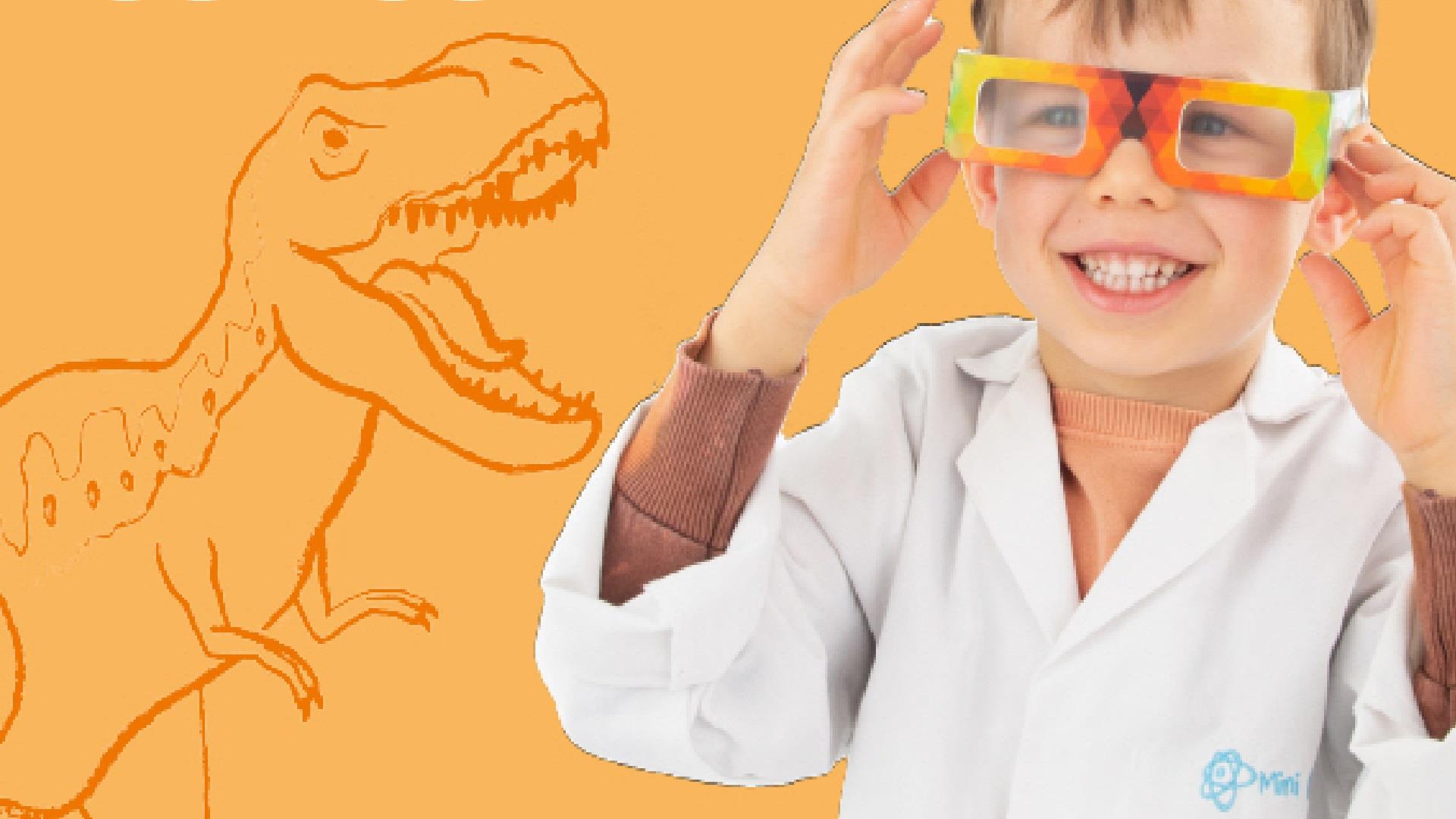 a young child in a lab coat and glasses - there is an illustration of a T-Rex in the background