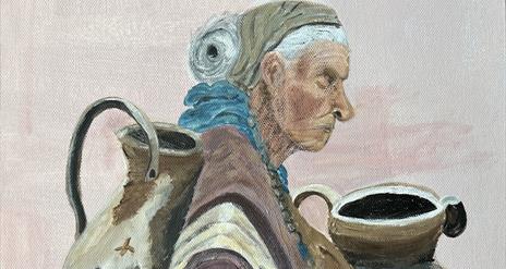 Painting of an old woman carrying large ceramic jars.
